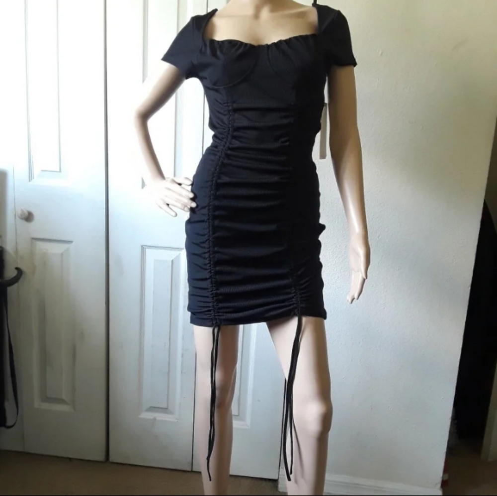 NWT Black Ruched Drawstring Mini Dress - Picture 2 of 4